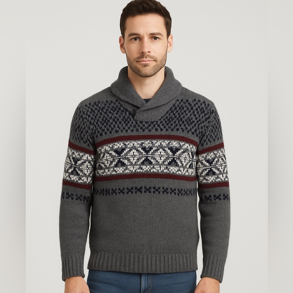 L’Uomo Made in Italy Shawl Collar Fair Isle Sweater – Men’s M